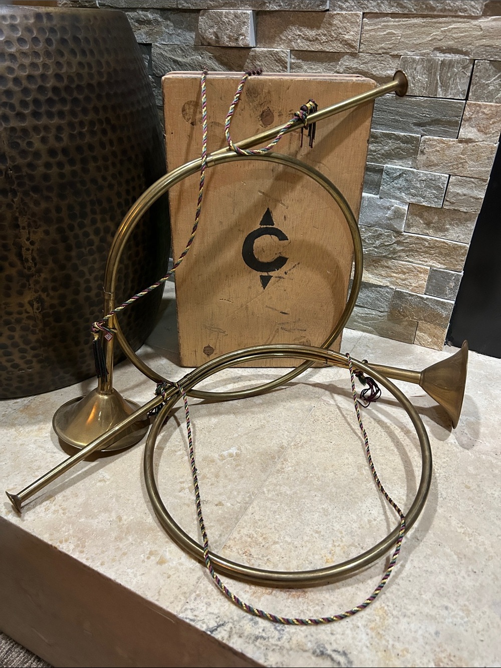 2 vintage large decorative brass French horns